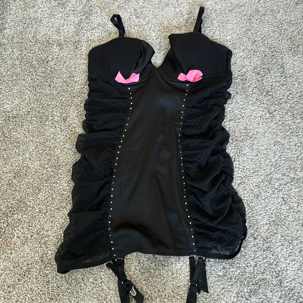 Victorias Secret lingerie black with pink bows and sparkles on front size 34B